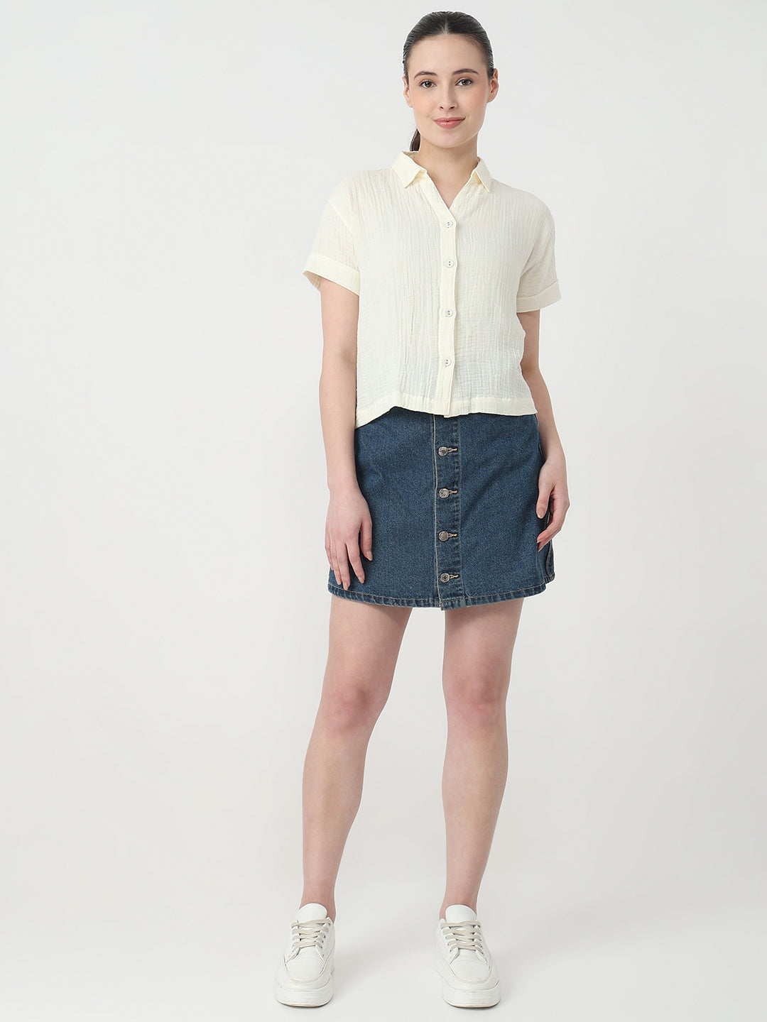 Women Ivory Slim Fit Crop Shirt
