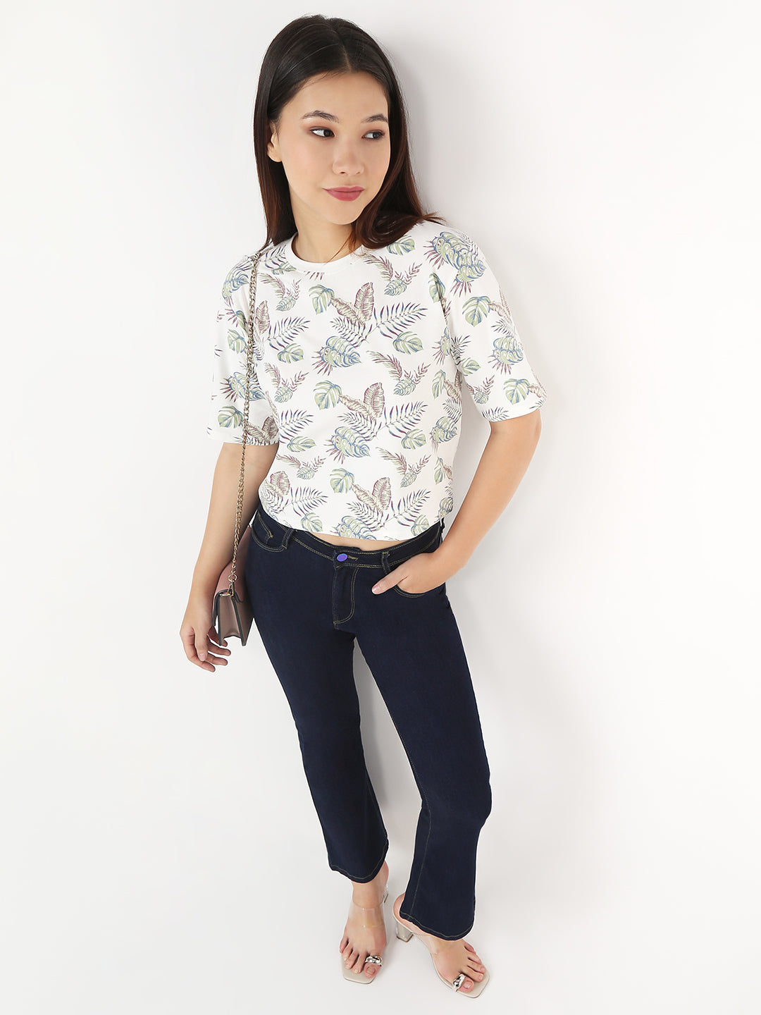 Women Ivory Slim Crop Graphic T-Shirt
