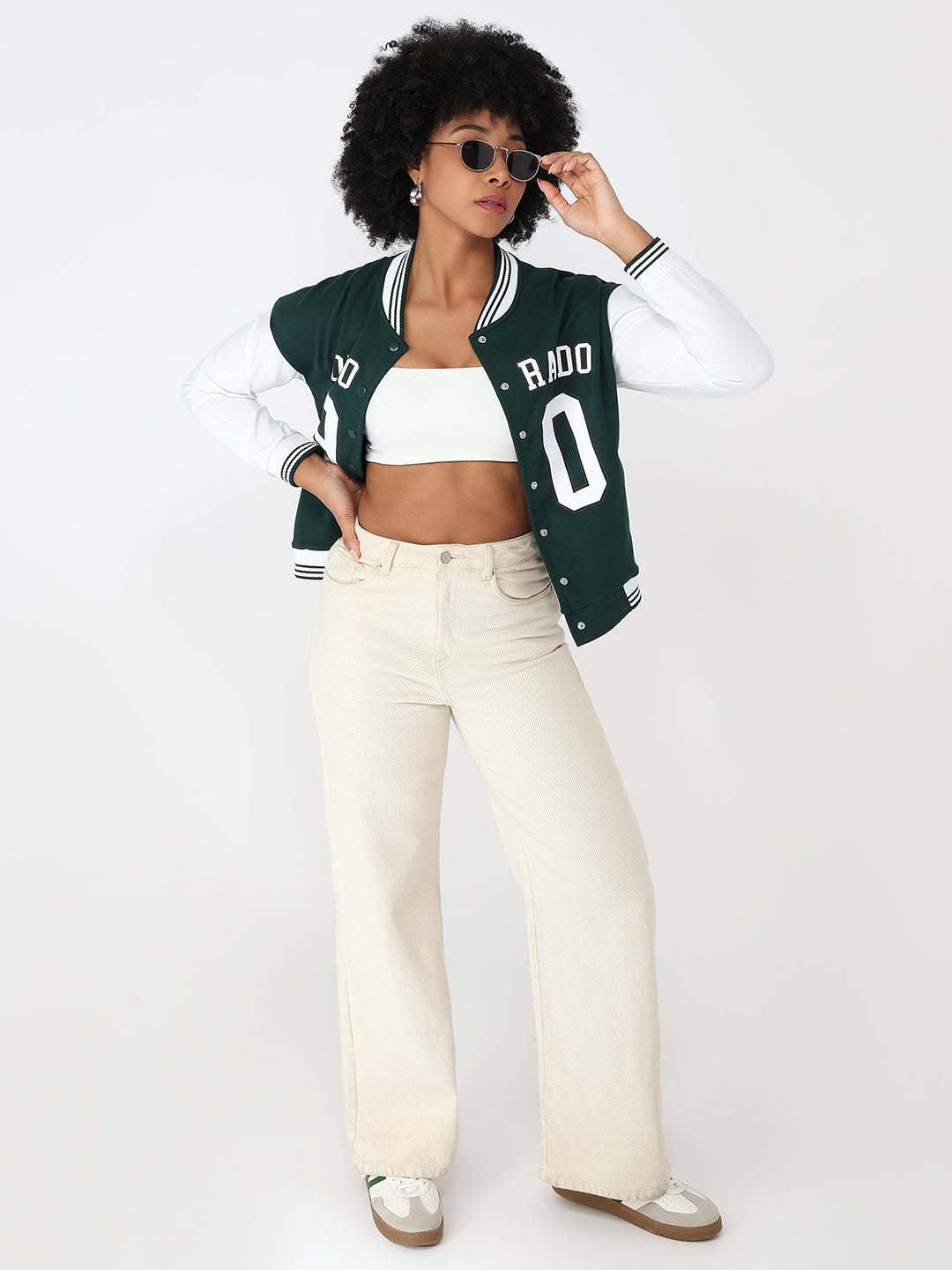 Women Bottle Green/White Varsity Jacket