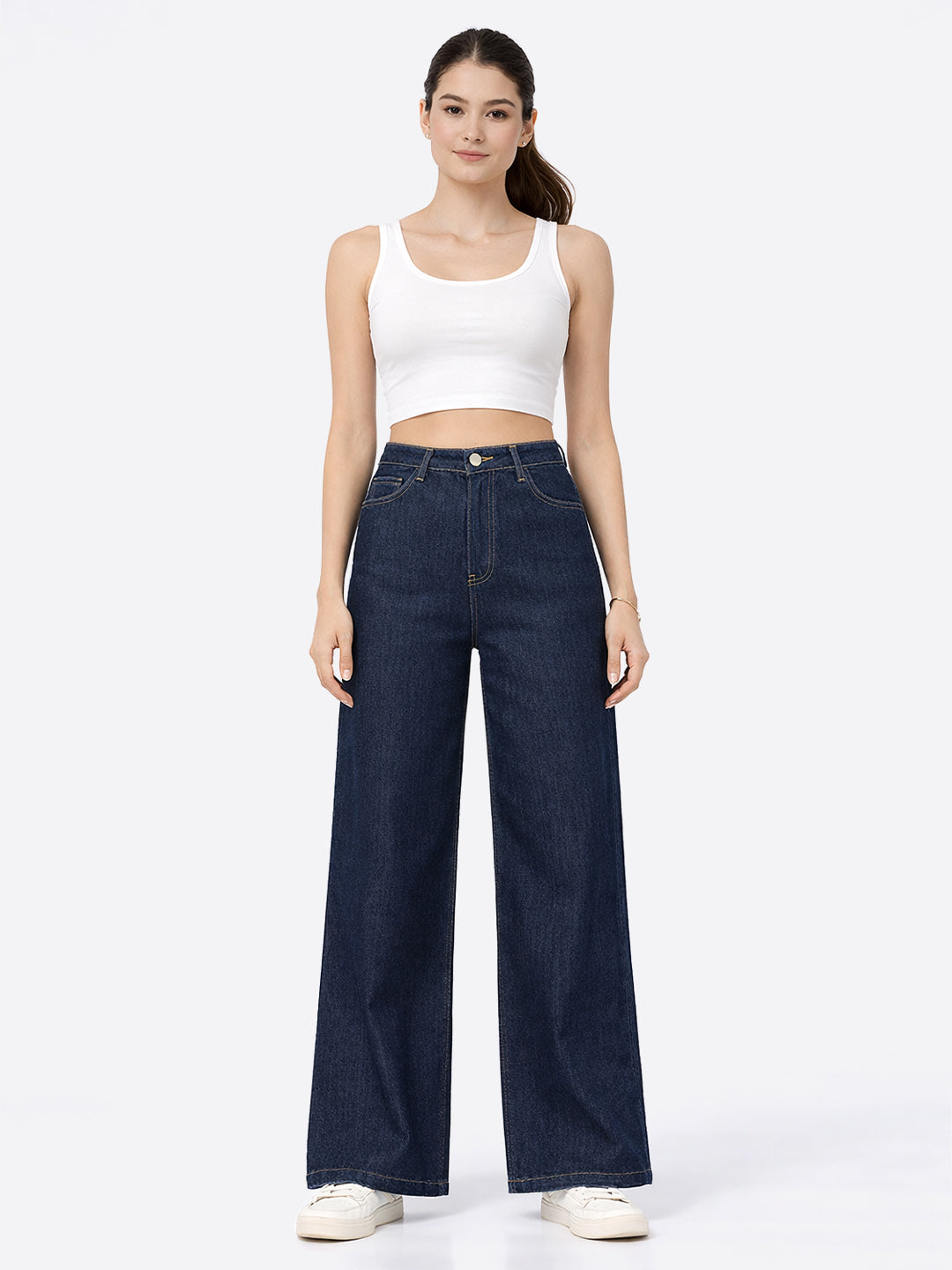 Women Dark Blue High-Rise Super Wide Leg Jeans