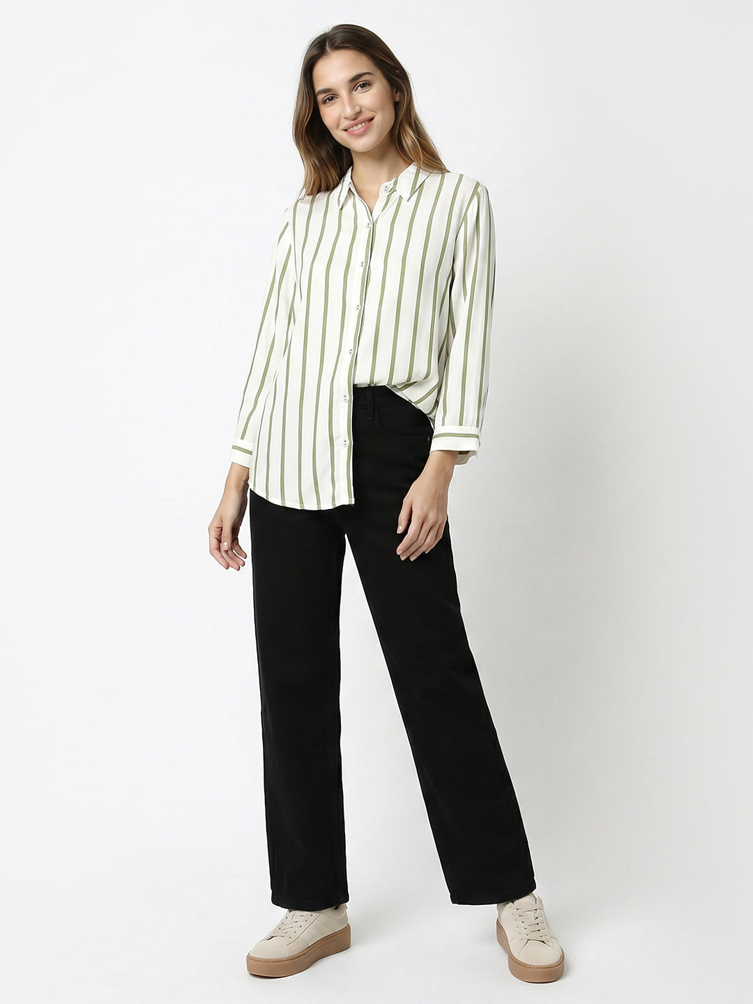 Women White/Olive Striped Shirt