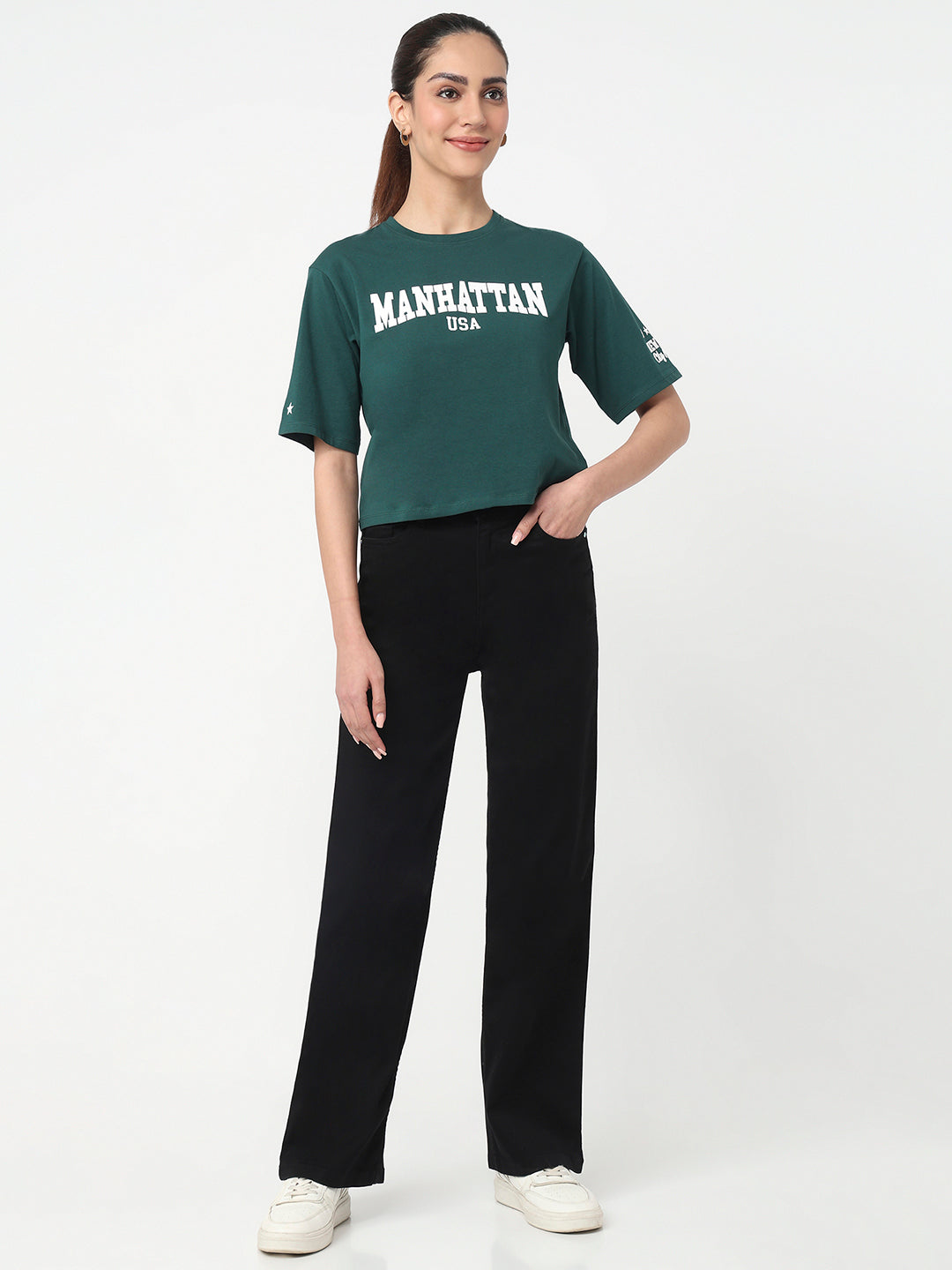 Women Bottle Green Graphic Crop Tees