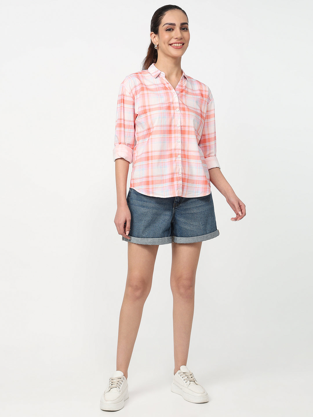 Women Peach/White Checked Shirt