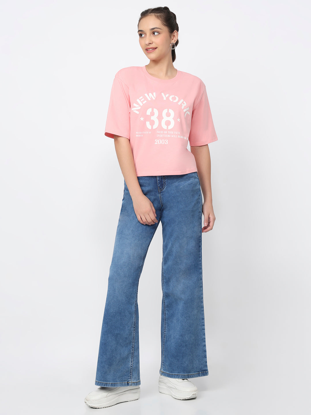 Women Peach Pink Graphic Crop Tees