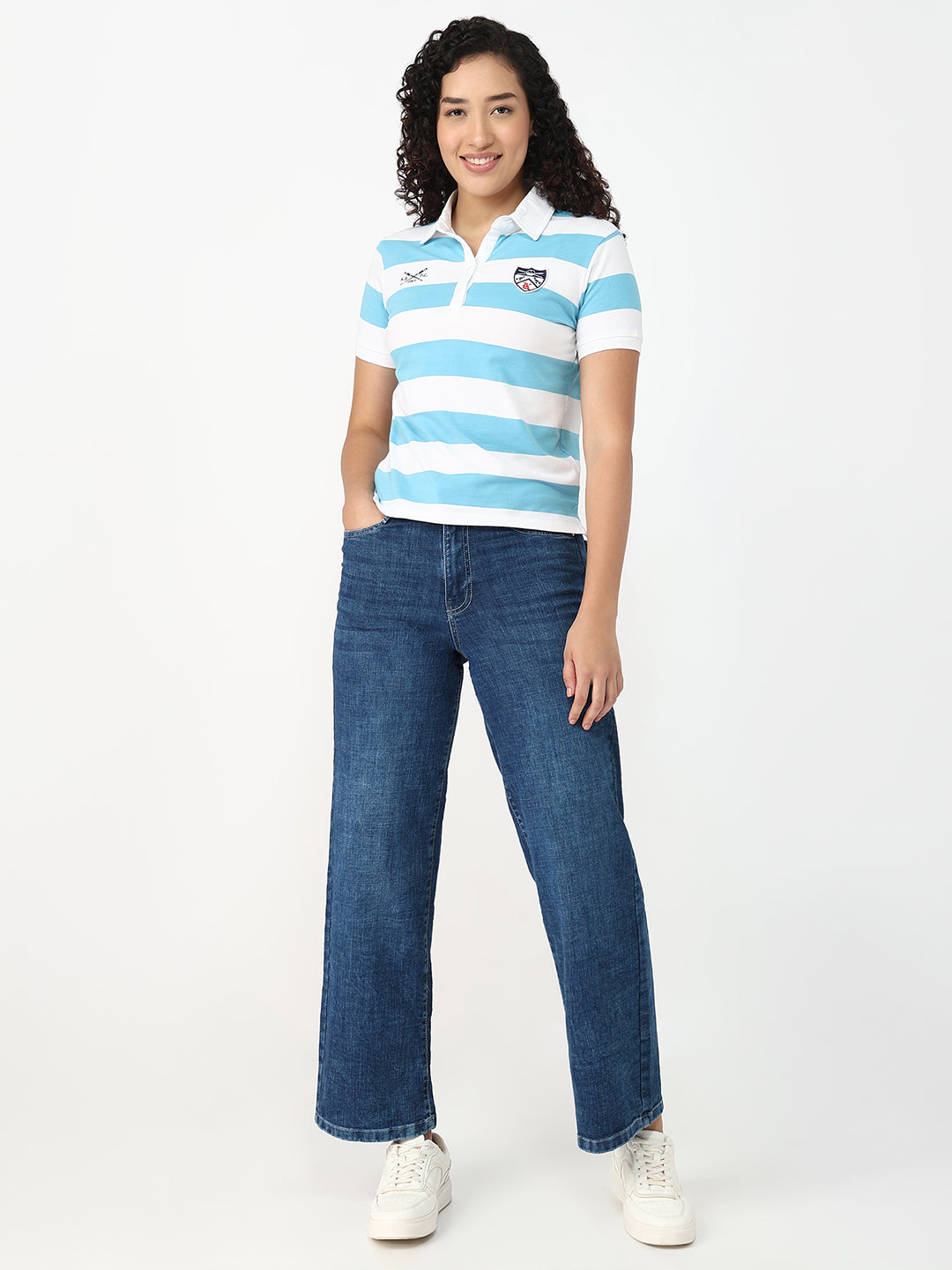 Women Sky/White Slim Fit Polo T-Shirt