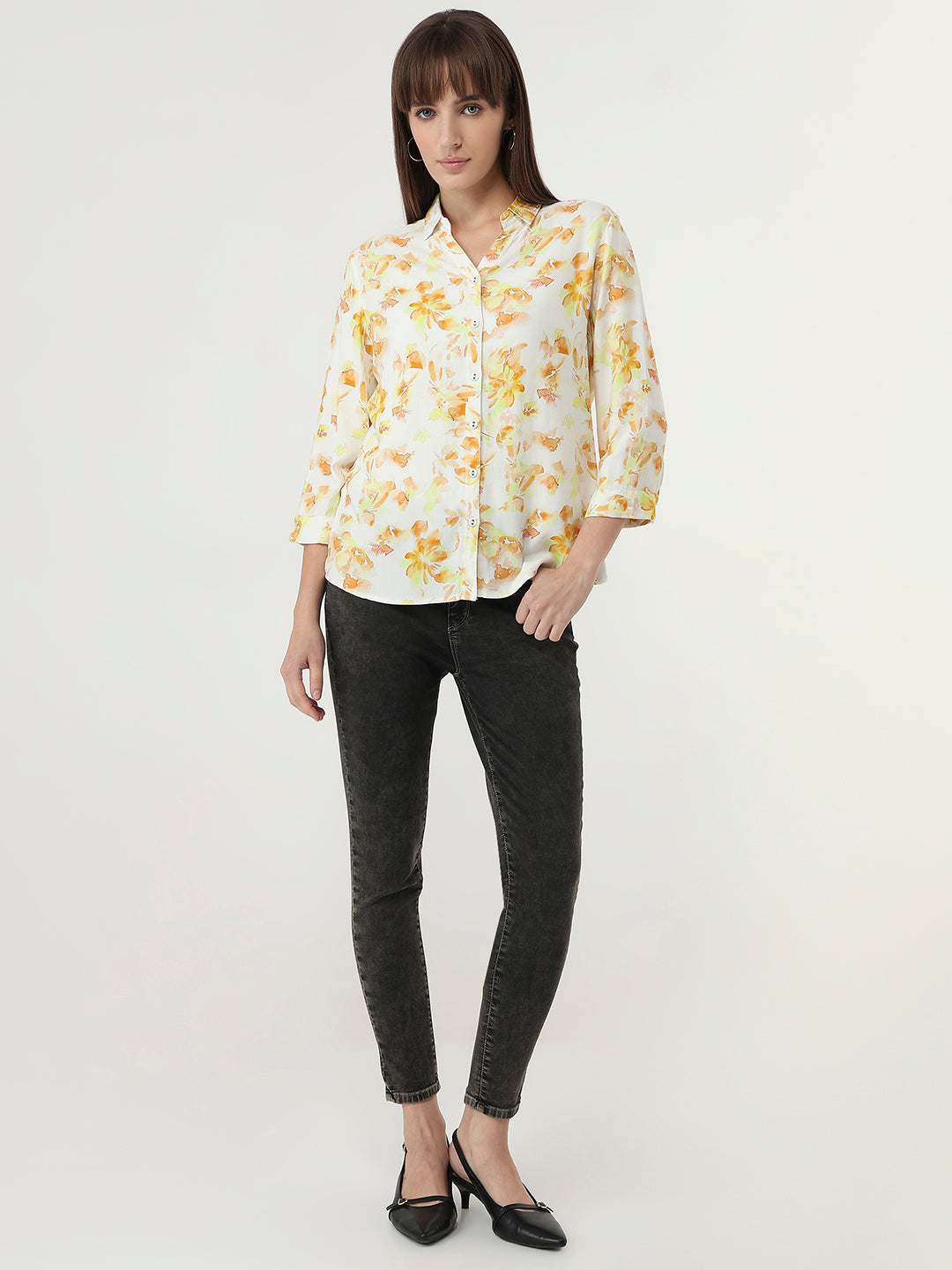 Women Lime Floral Slim Fit Shirt