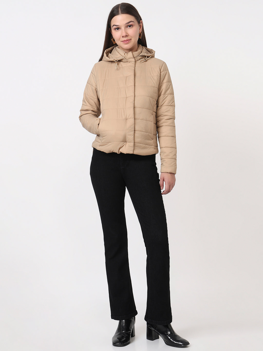 Women Beige Slim Fit Winter Jacket