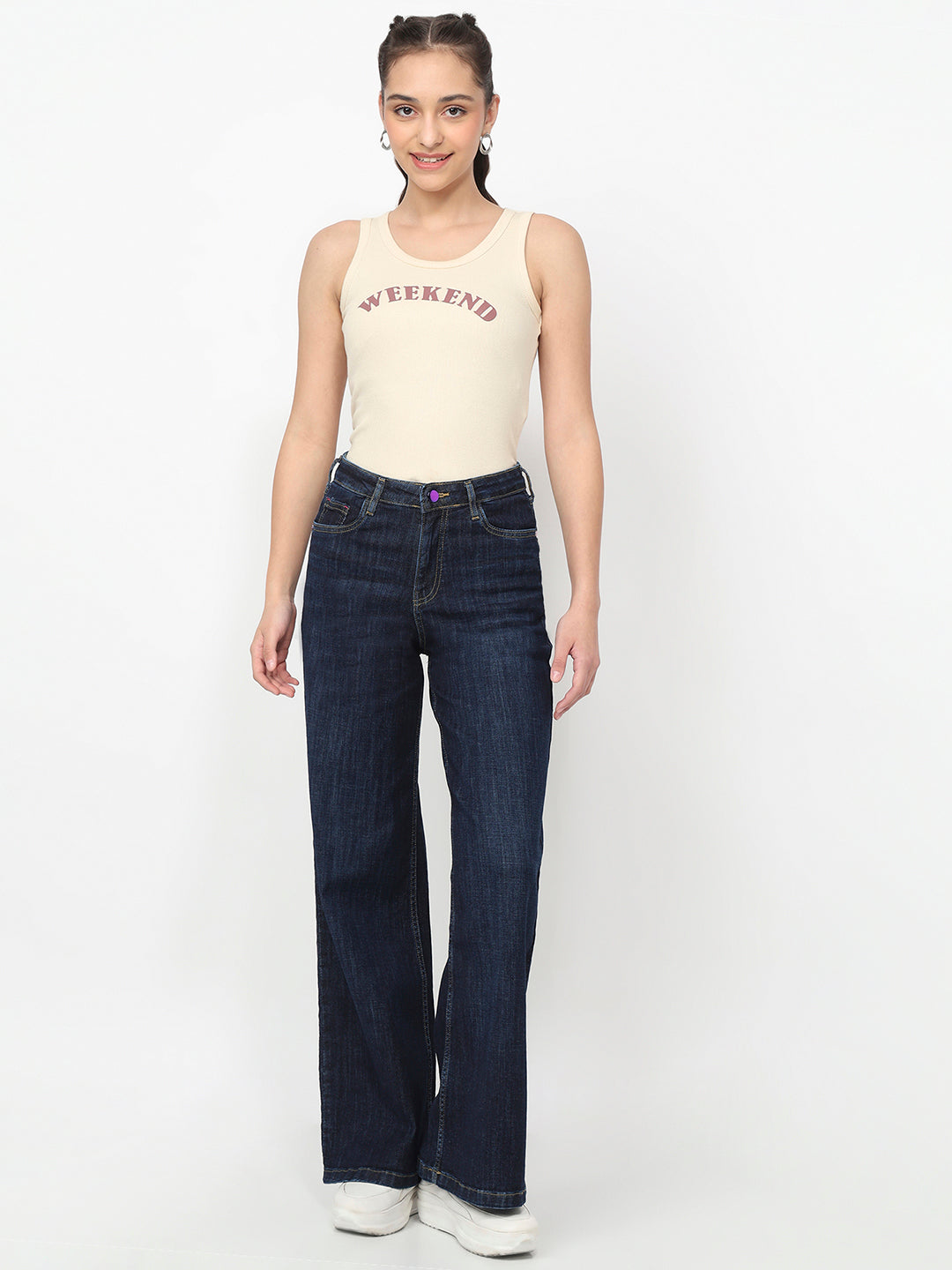 Women Dark Blue High-Rise Wide Leg Jeans