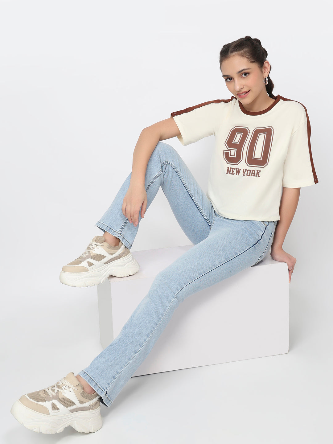 Women Ivory Graphic Crop Tees