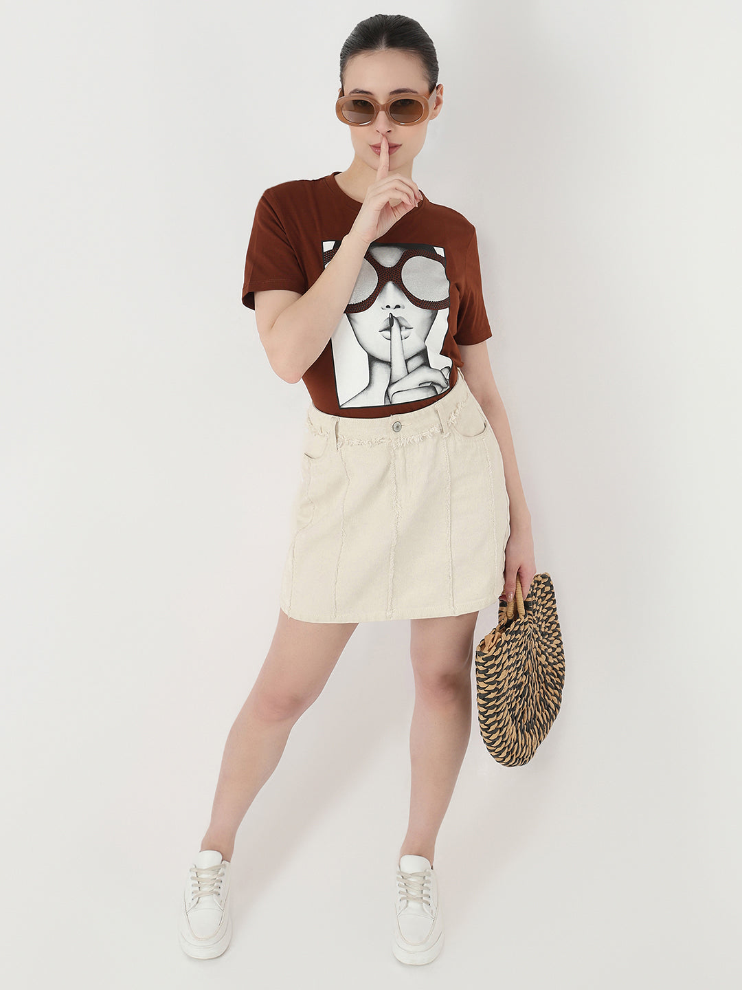Women Sepia Slim Fit Graphic T-Shirt