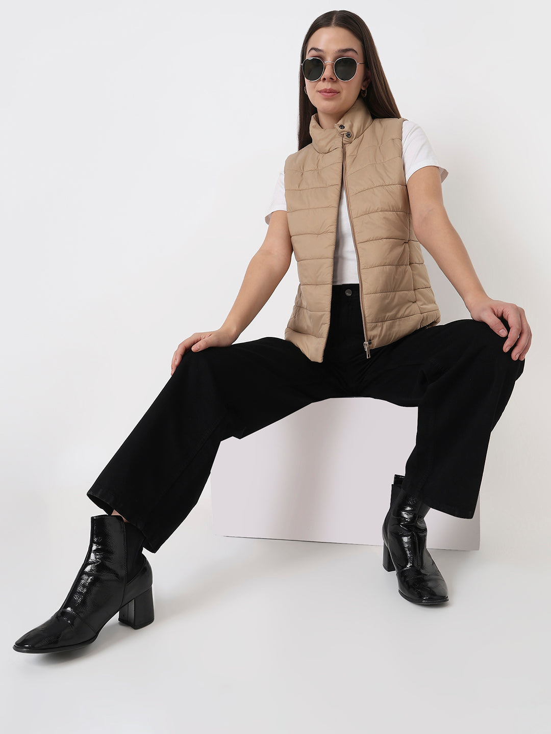 Women Beige Slim Fit Winter Jacket