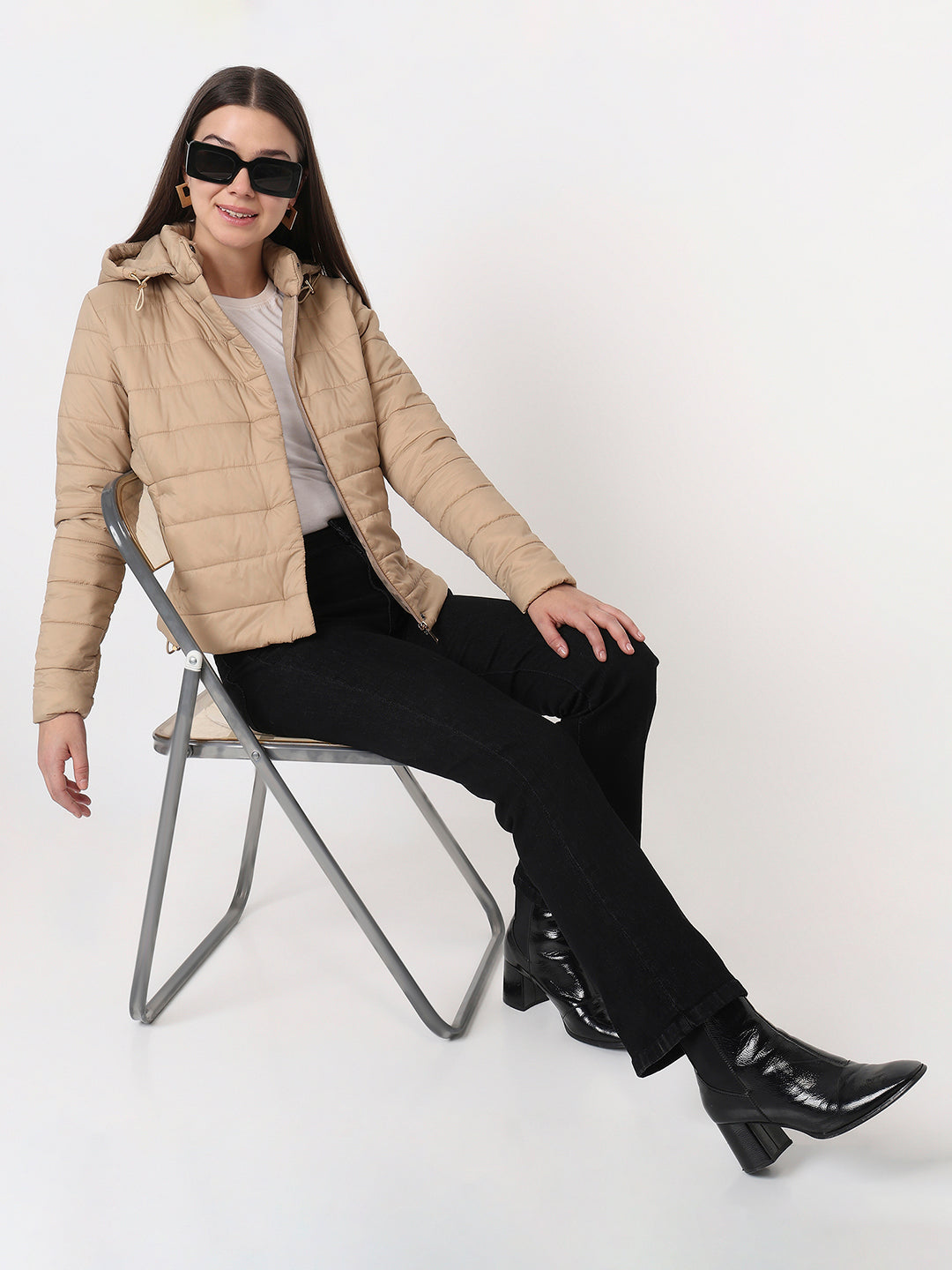 Women Beige Slim Fit Winter Jacket