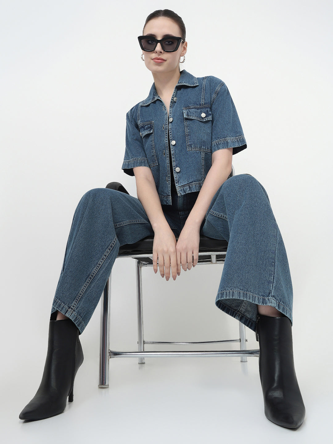 Women Blue Slim Fit Crop Shirt