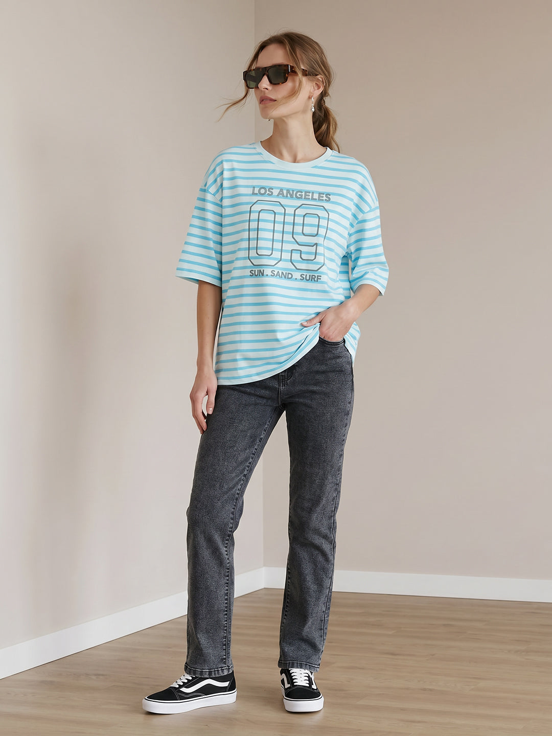 Women Sky/White Stripe Oversized T-Shirt