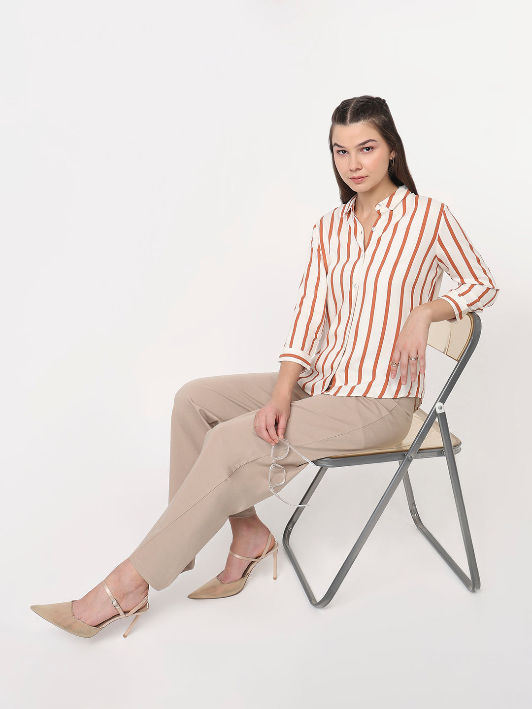 Women White/Brick Slim Fit Shirt