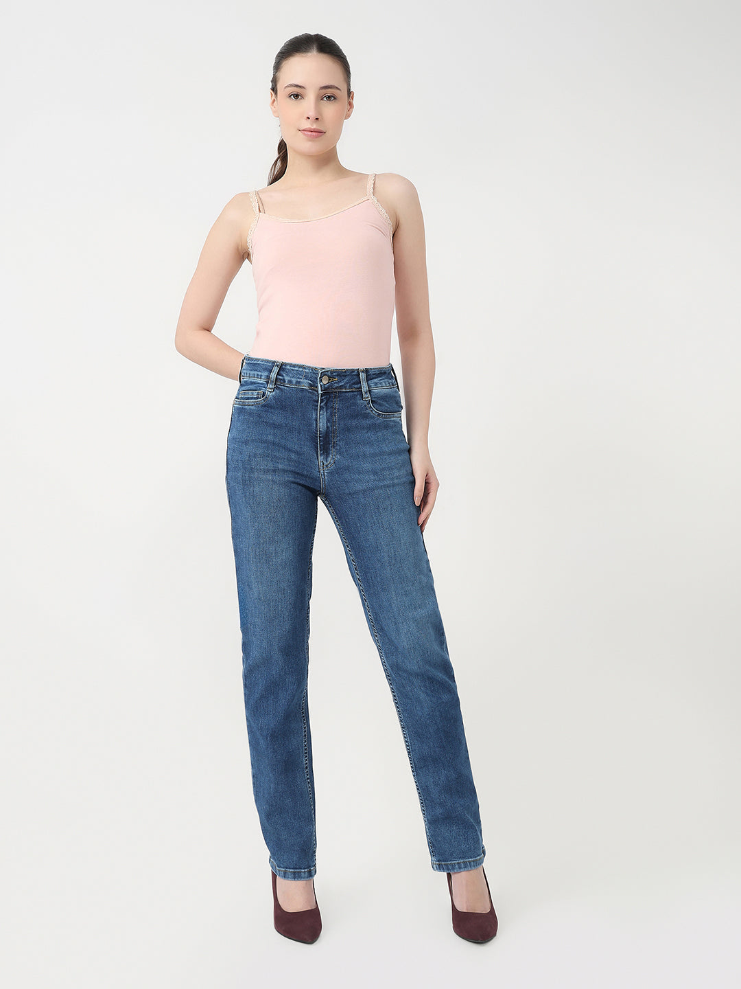 Women Blue High-Rise Slim Straight Jeans