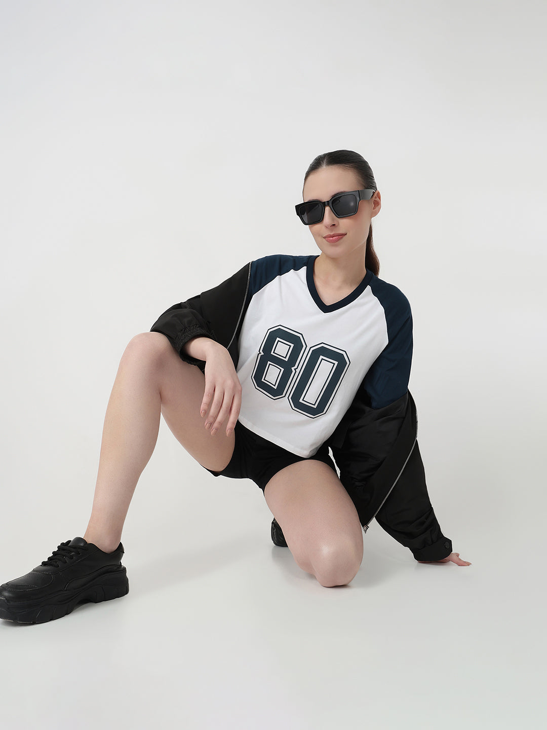 Women White/Airforce Slim Fit Graphic Crop T-Shirt