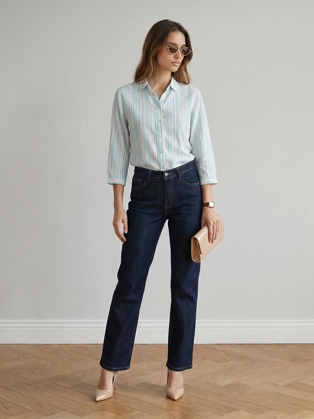 Women Aqua/Lavender Striped Shirt