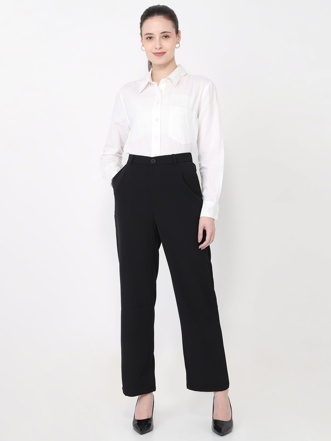 Women Black High-Rise Straight Fit Pants