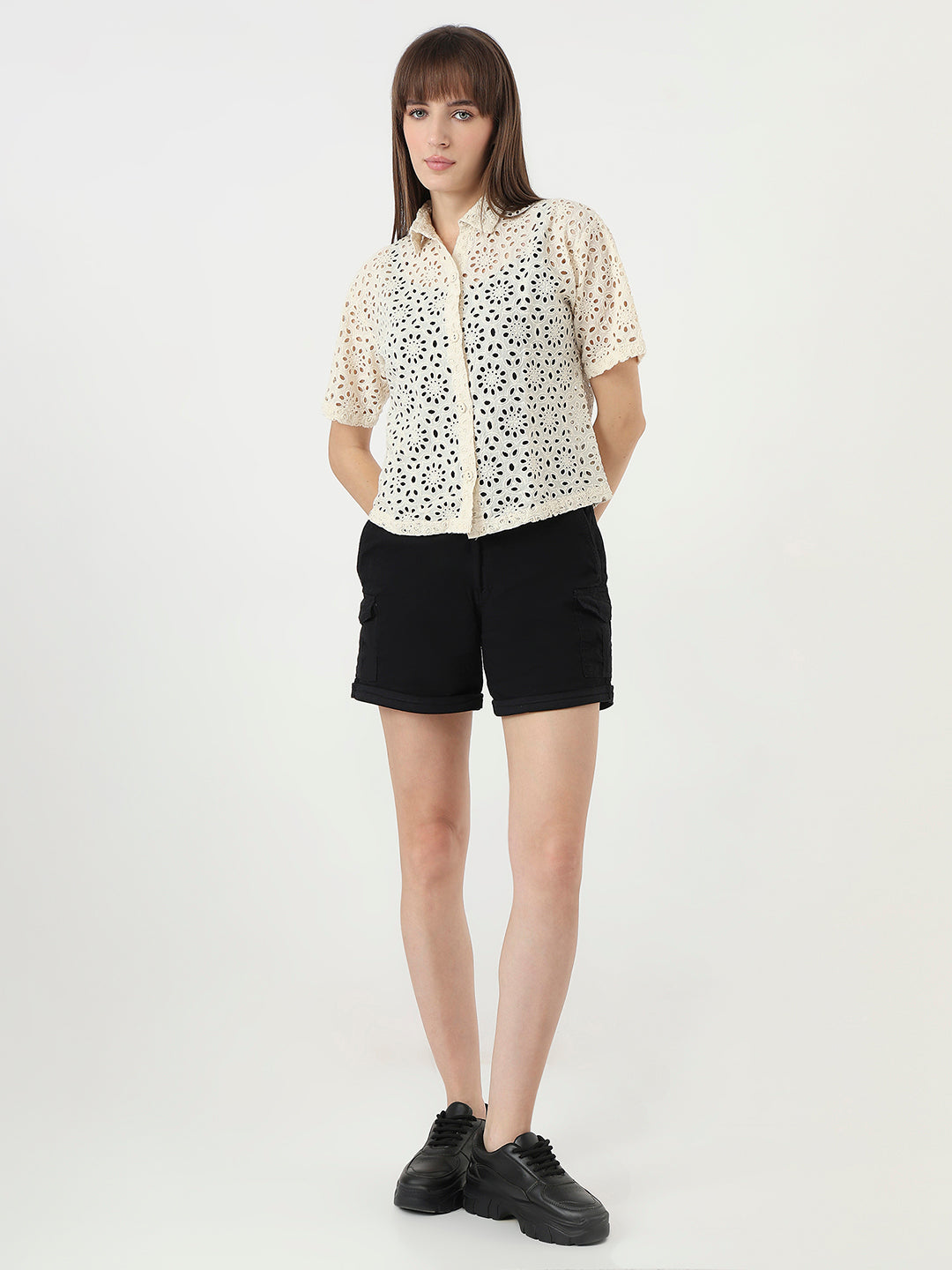 Women Ivory Slim Fit Crop Shirt