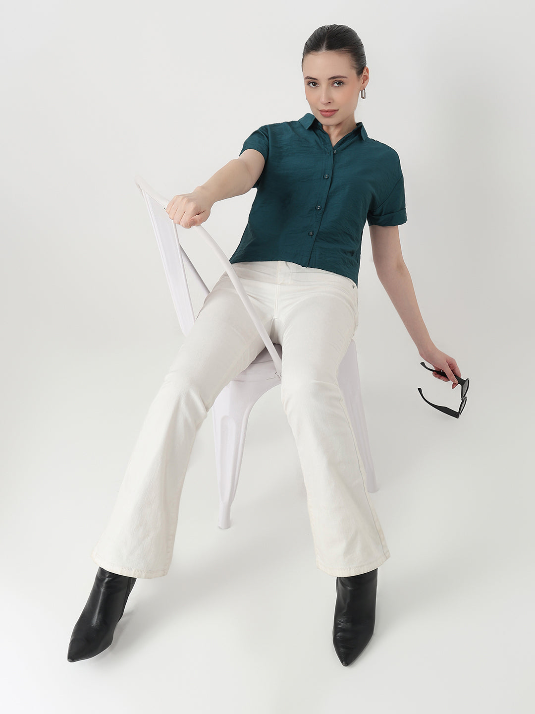 Women Deep Lake Slim Fit Crop Shirt