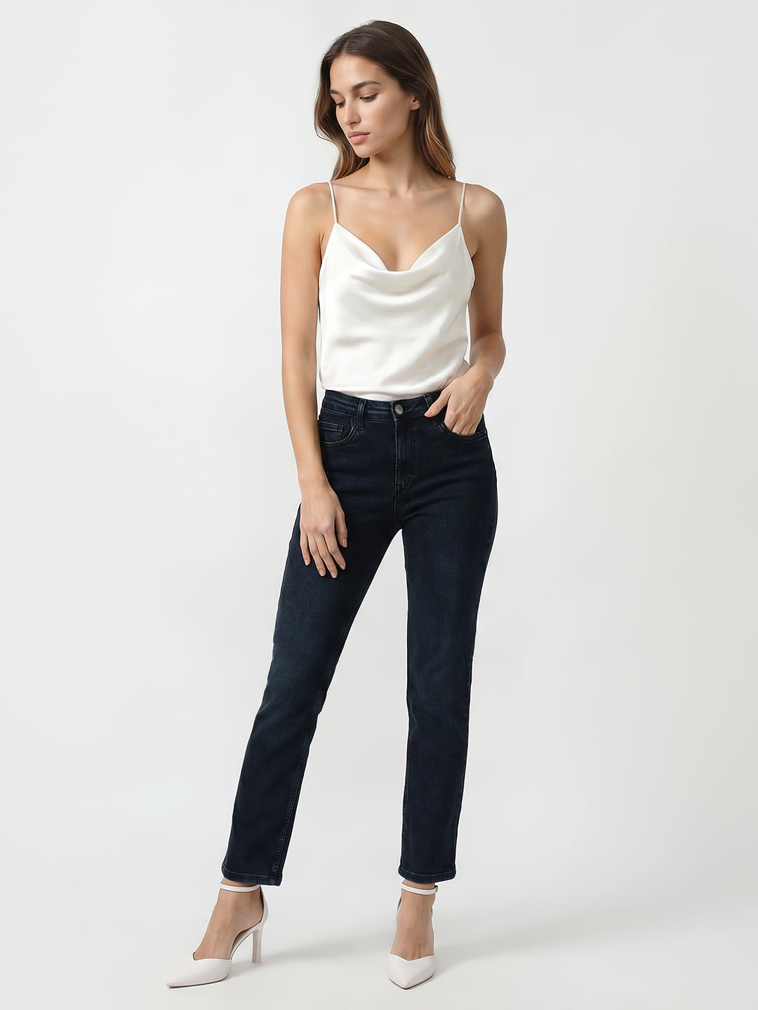 Women Slate Blue High-Rise Slim Straight Fit Jeans