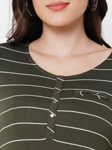 Women Olive Striped Three-Quarter Sleeves T-Shirts