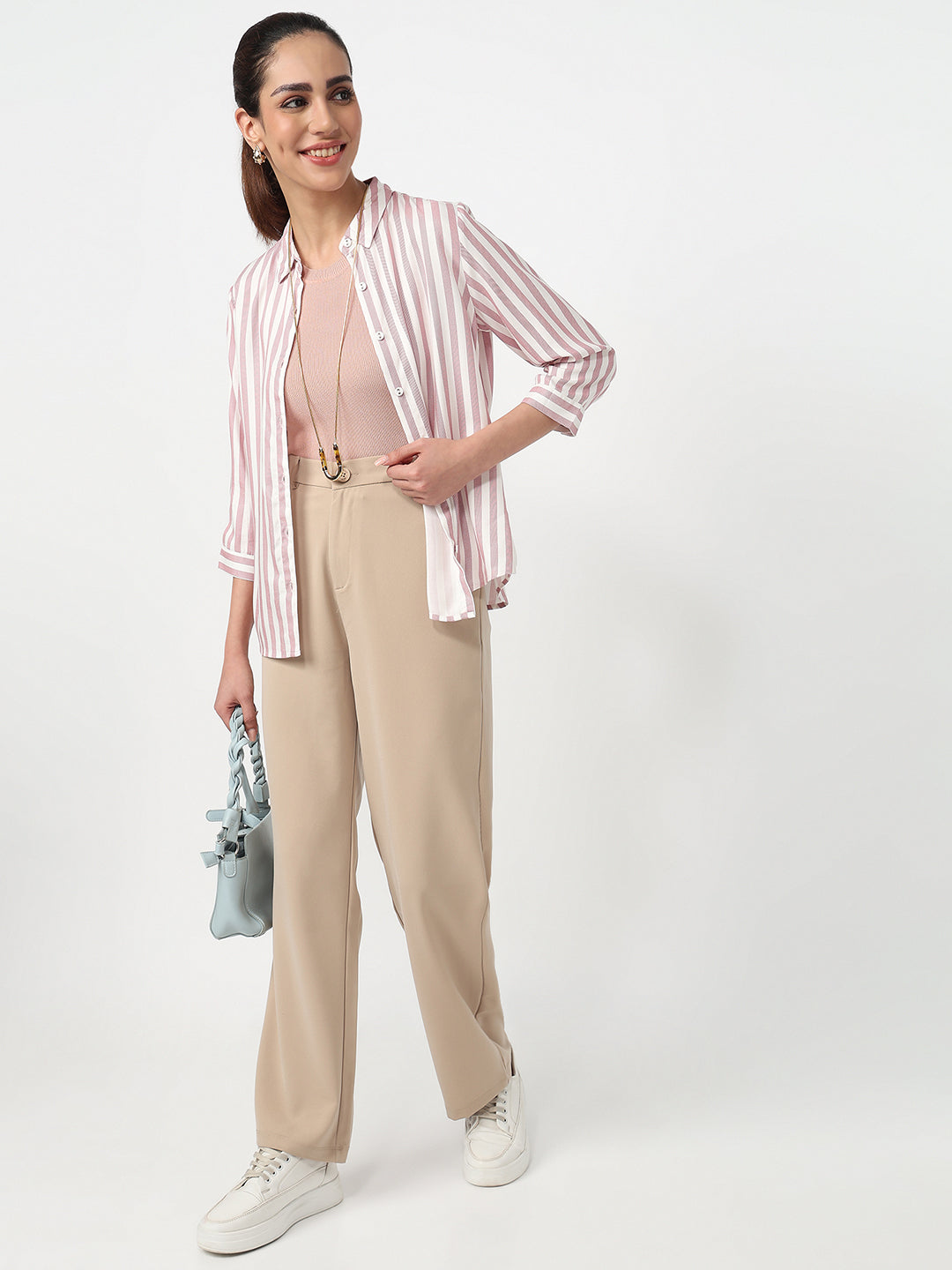 Women Dusty Pink/White Striped Shirt