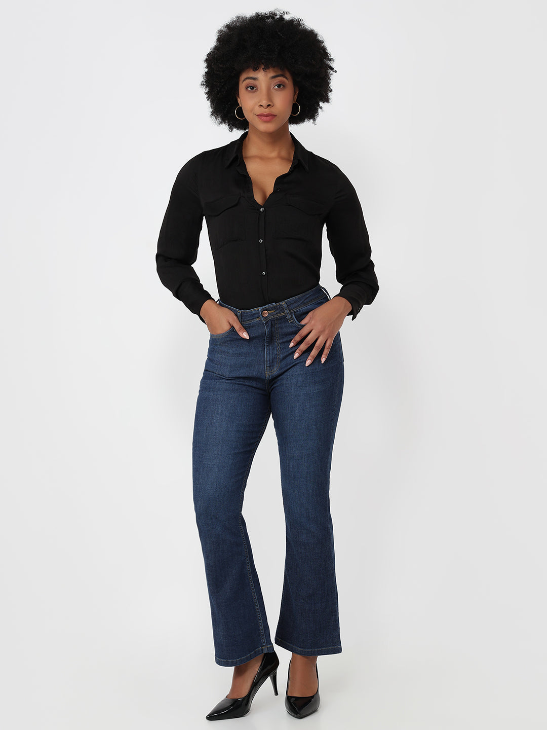 Women Dark Blue High-Rise Mini Flare Jeans