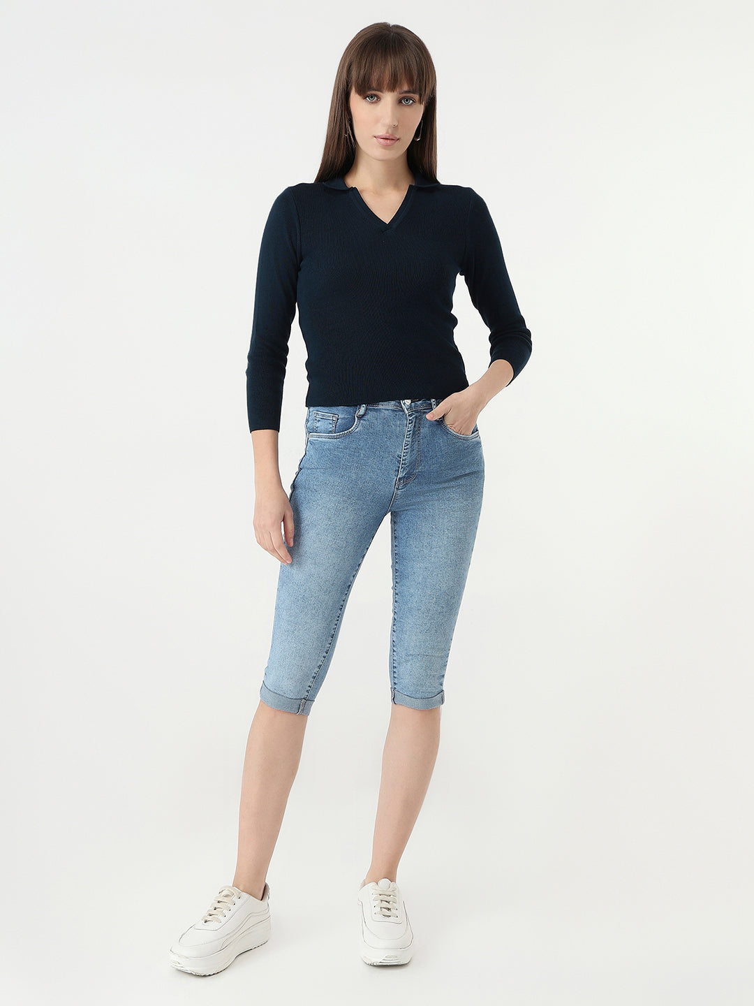 Women Blue High-Rise Capri