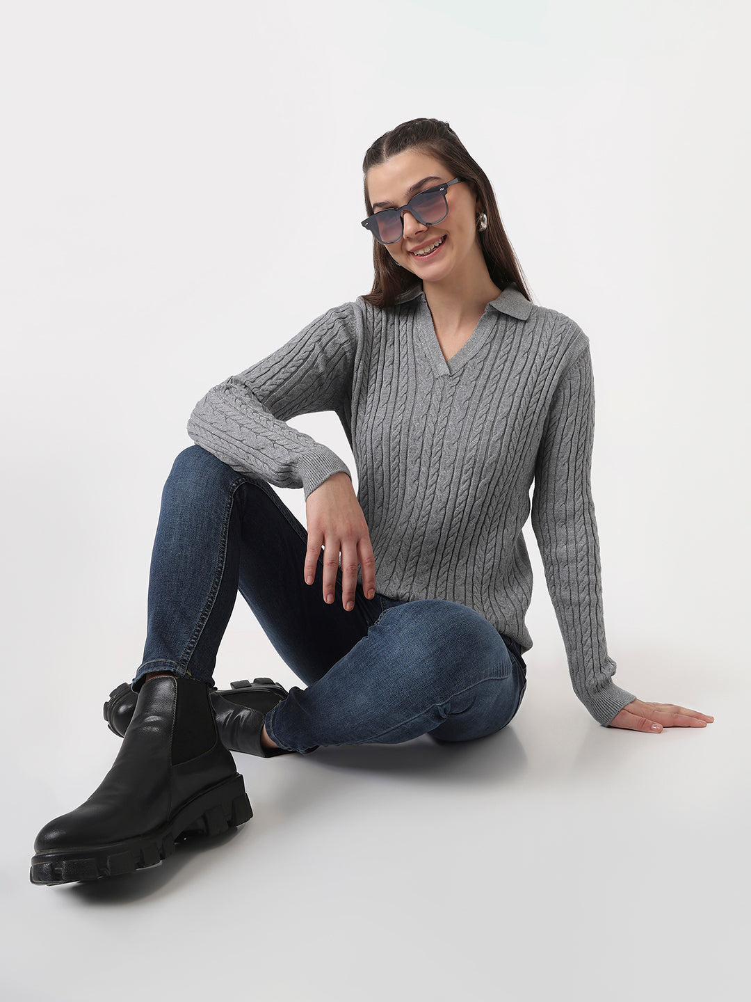 Women Grey Slim Fit Sweater