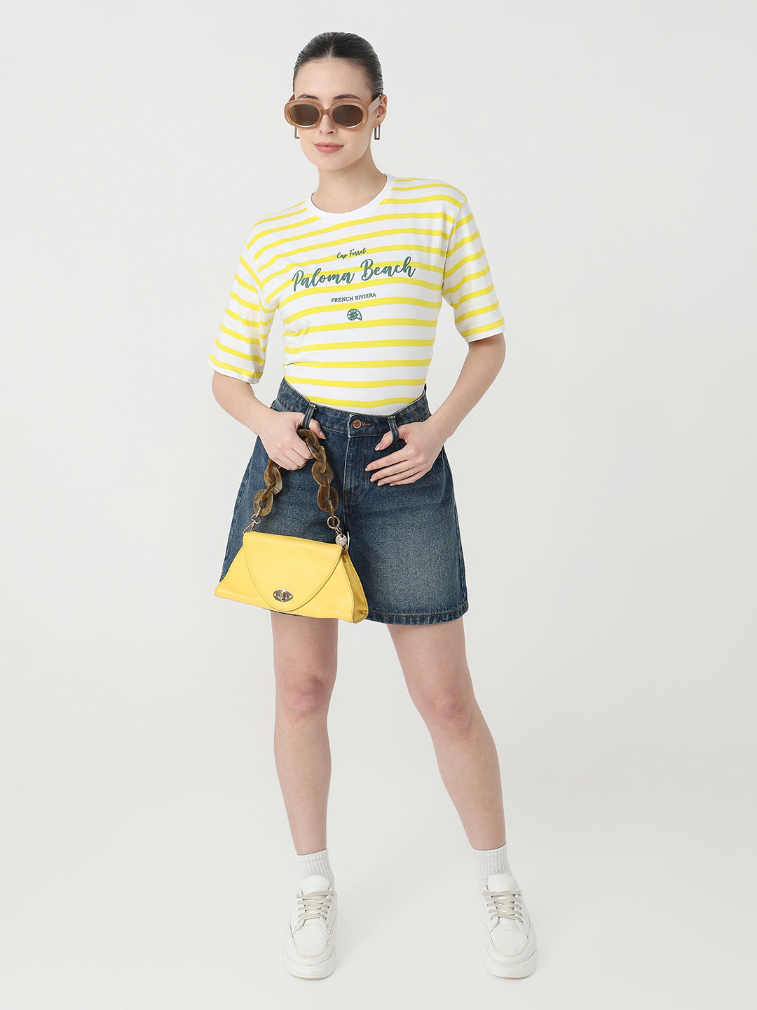 Women Yellow/White Slim Fit Graphic Crop T-Shirt