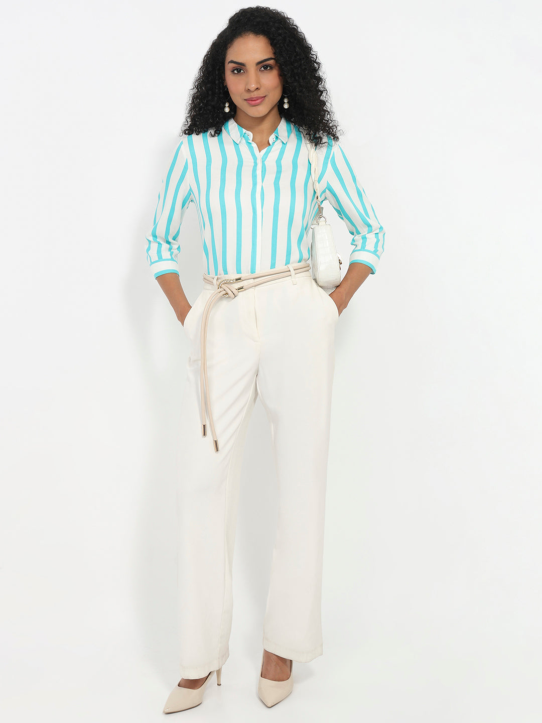 Women Aqua/White Striped Shirt