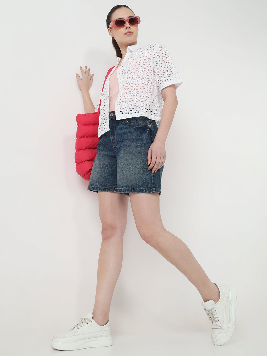 Women White Slim Fit Crop Shirt