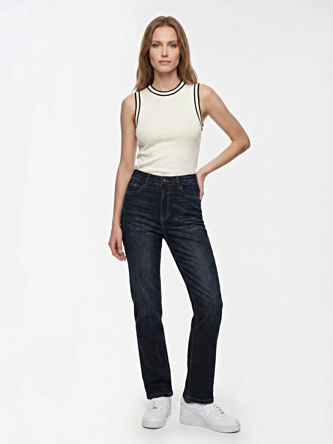 Women Dark Blue High-Rise Slim Straight Fit Jeans