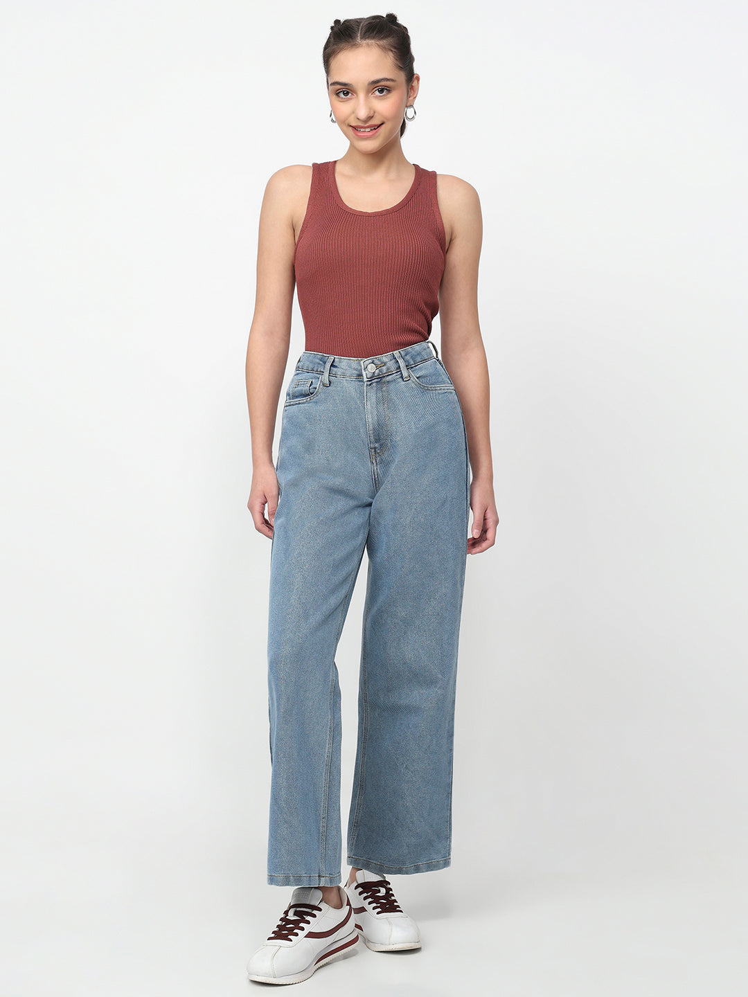 Women Light Blue High-Rise Wide Leg Shimmer Jeans
