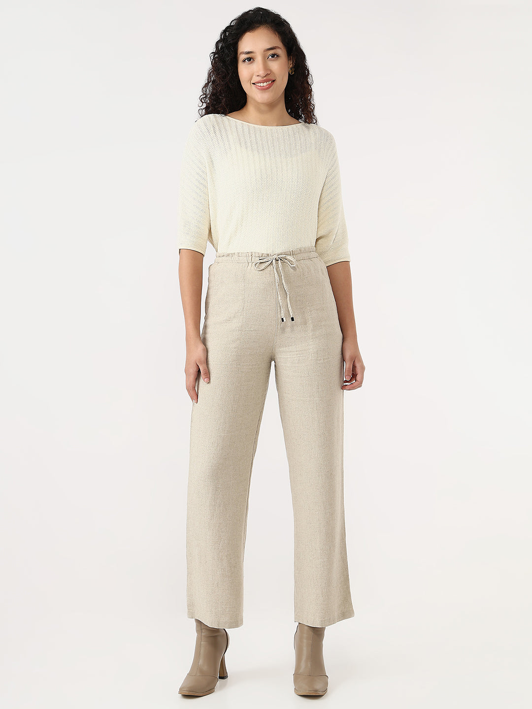 Women Dark Natural Loose Straight Paper Bag Pants