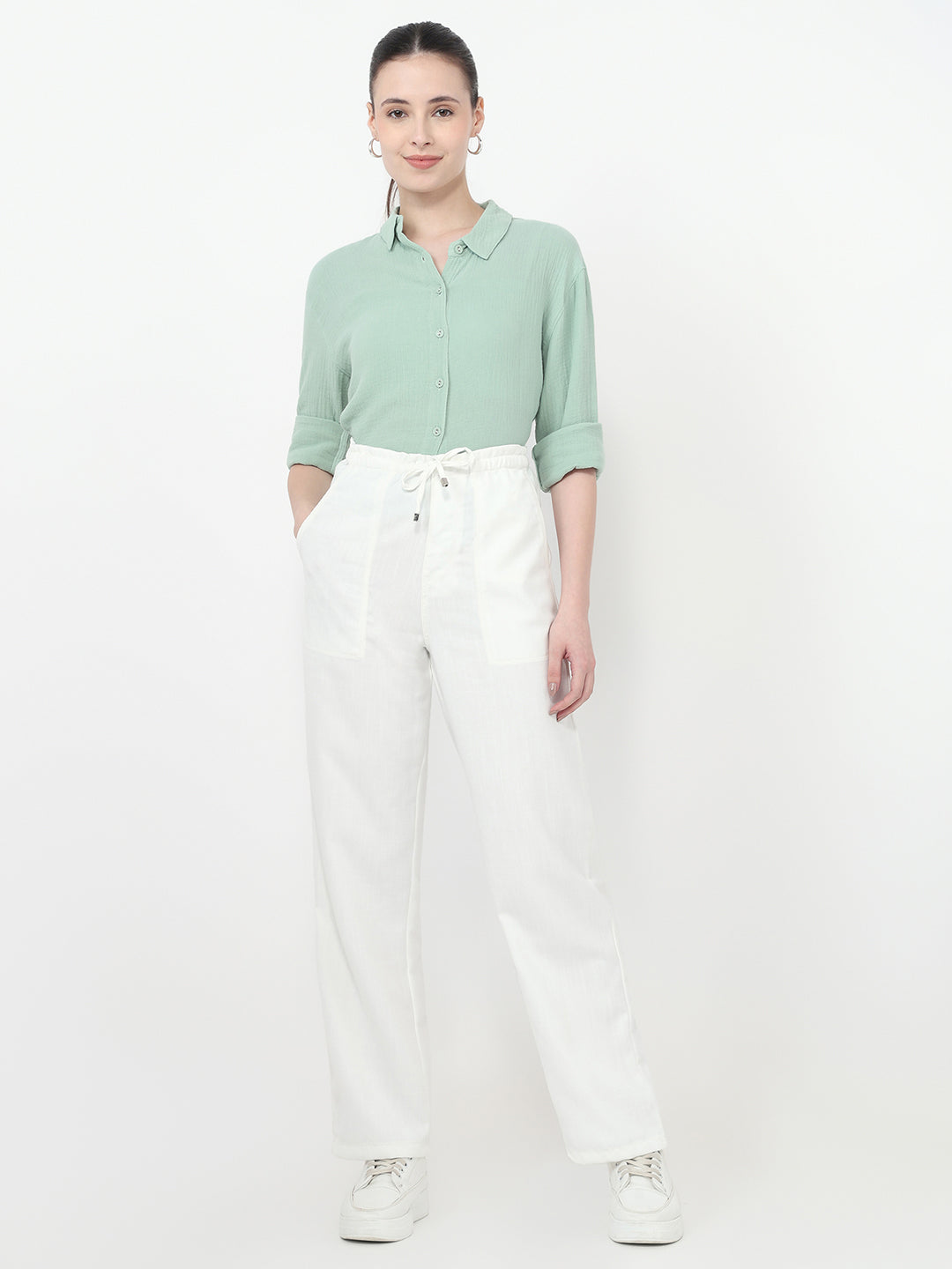 Women Off White Loose Straight Paper Bag Pants