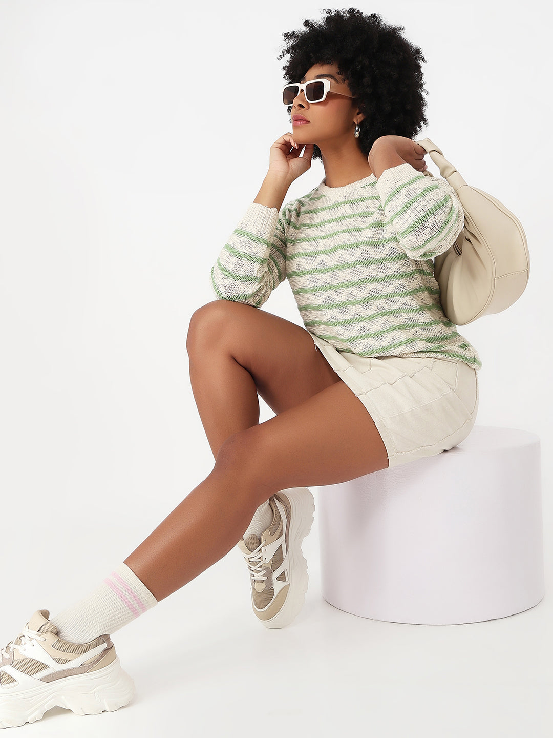 Women Off White/Green Slim Fit Sweater