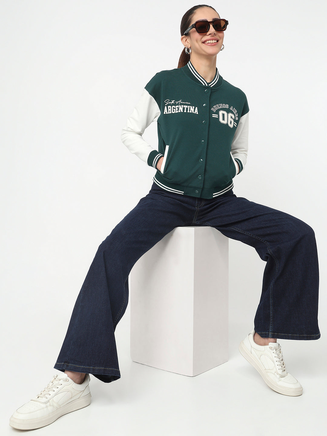 Women Bottle Green/Off White Varsity Jacket