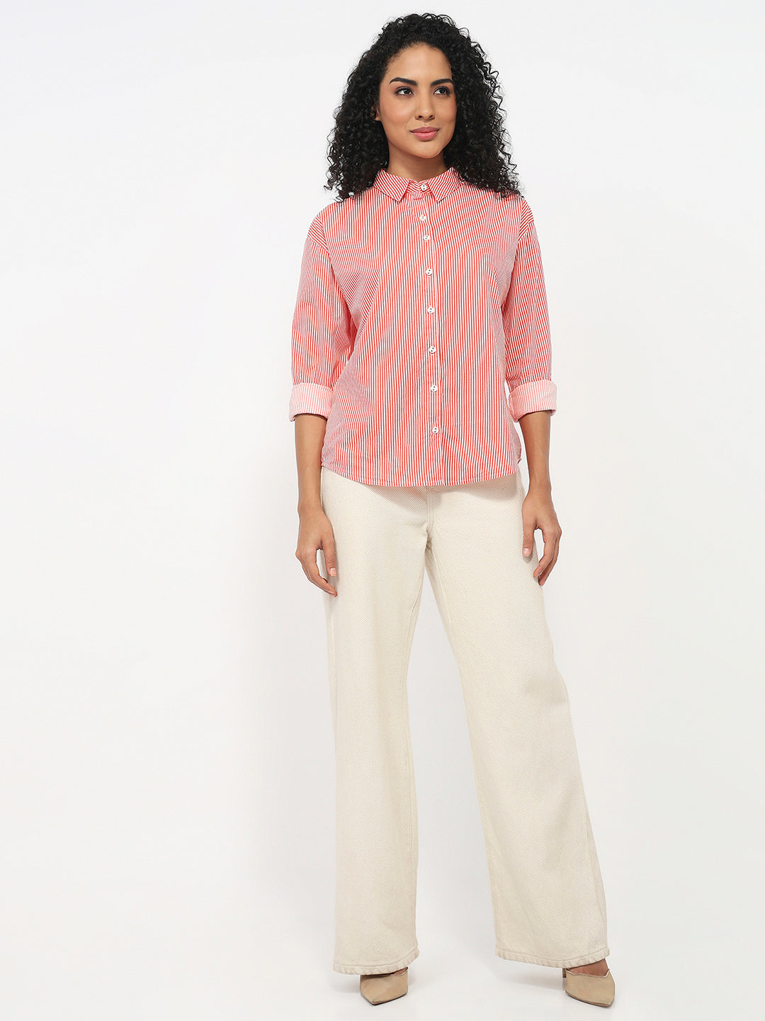 Women Flame/White Striped Oversized Shirt