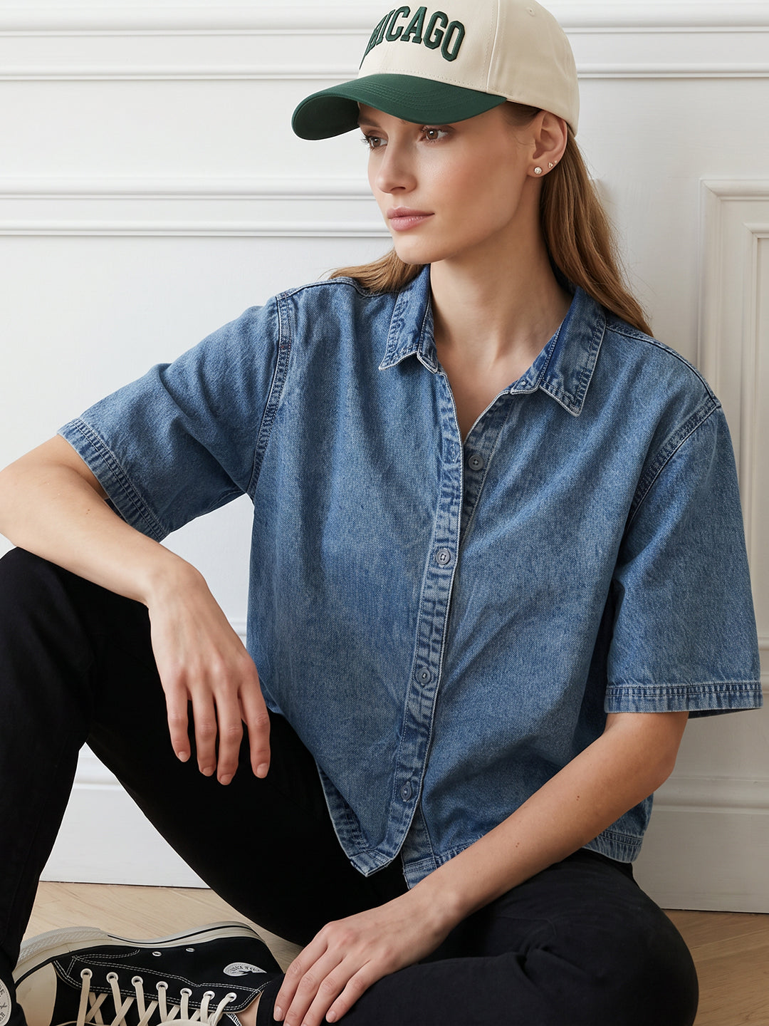 Women Light Blue Crop Denim Shirt