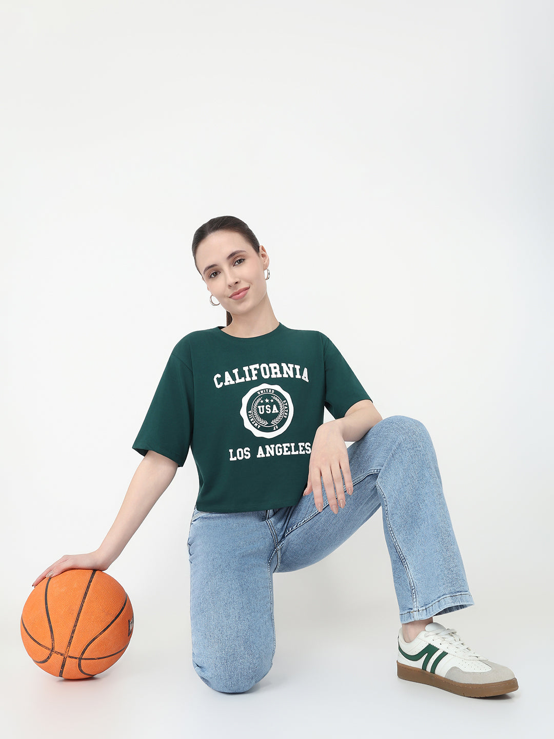 Women Bottle Green Slim Fit Graphic Crop T-Shirt