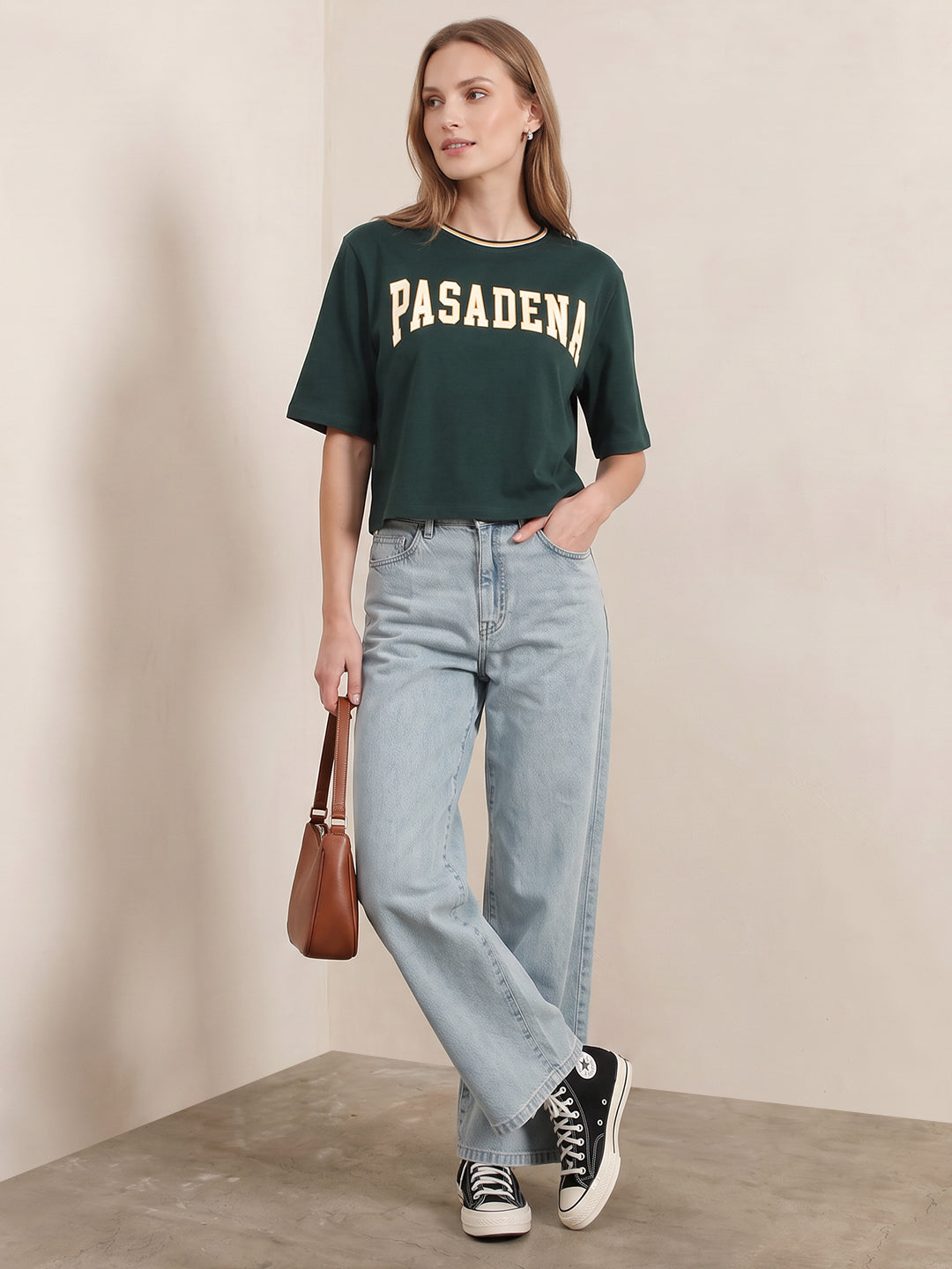 Women Bottle Green Graphic Crop Tees