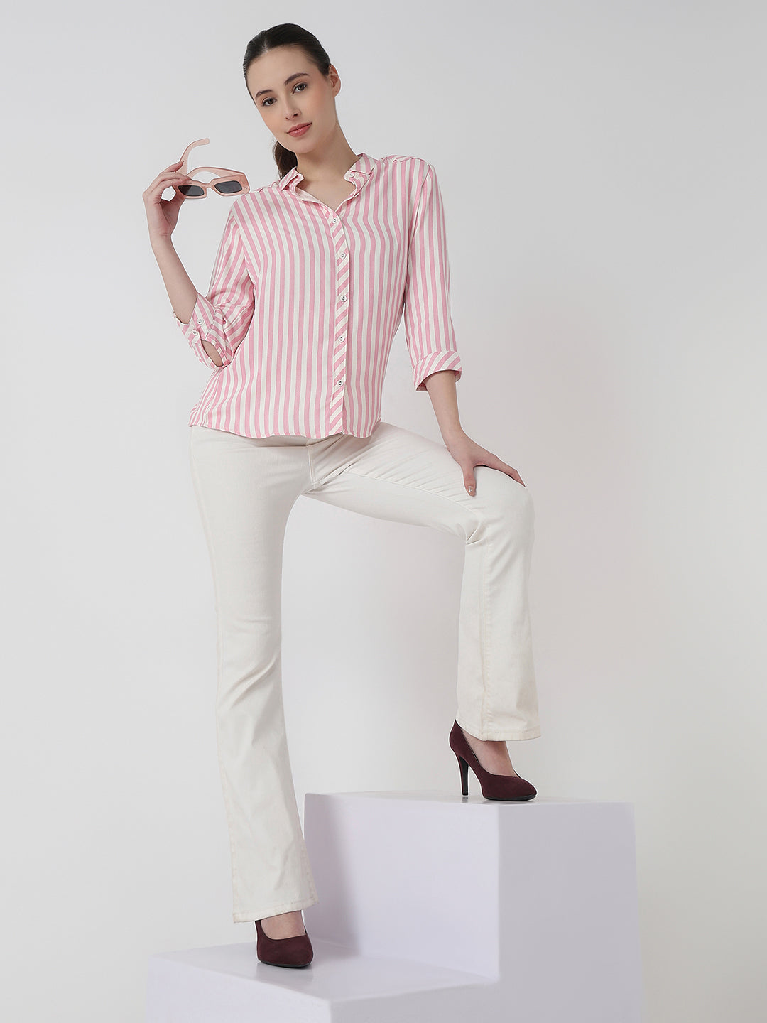 Women Pink/White Slim Fit Shirt