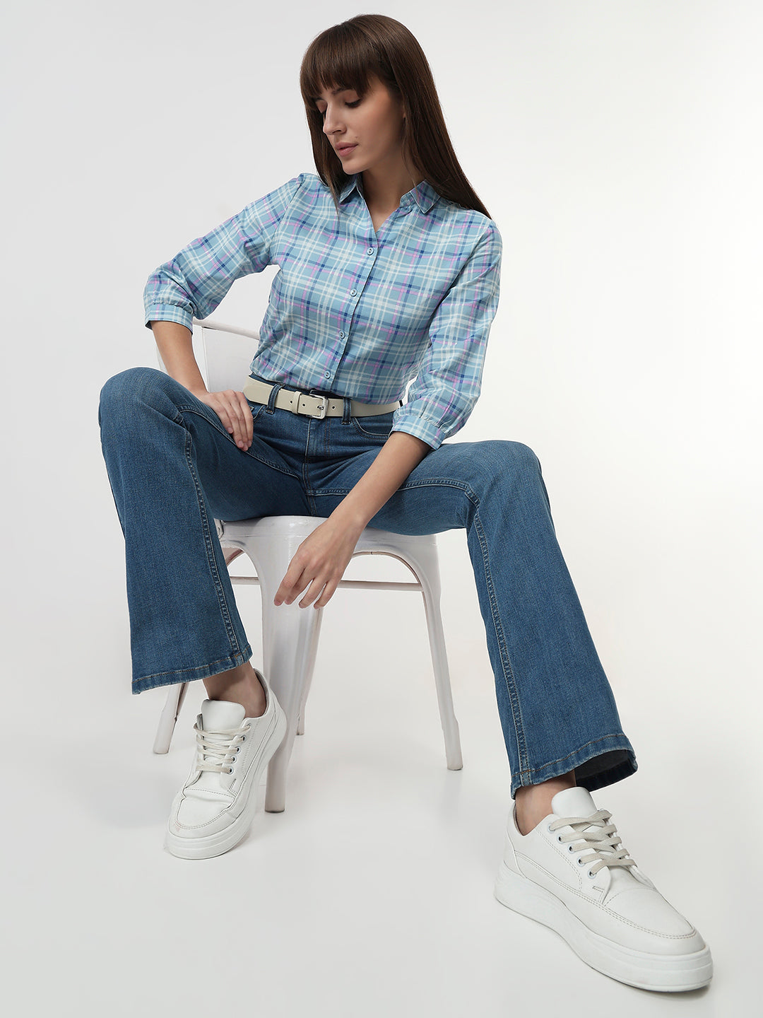 Women Powder Blue Checks Slim Fit Shirt