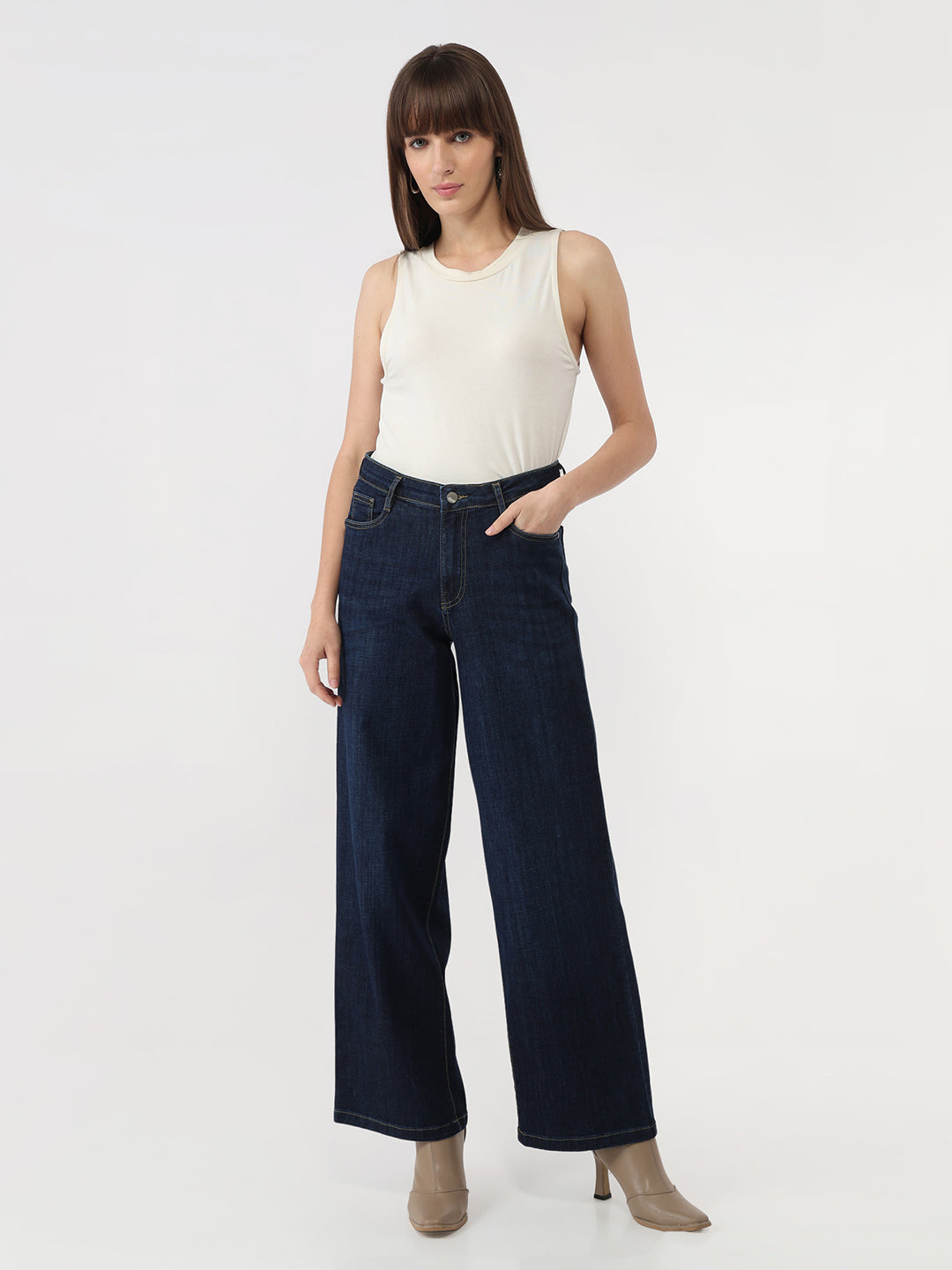 Women Dark Blue High-Rise Wide Leg Jeans