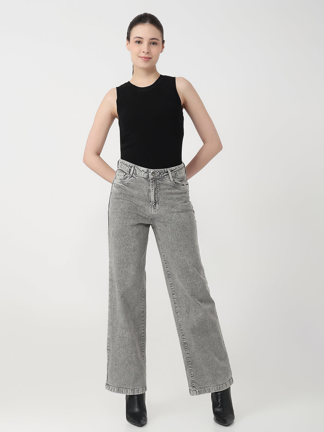 Women Light Grey High-Rise Wide Leg Jeans