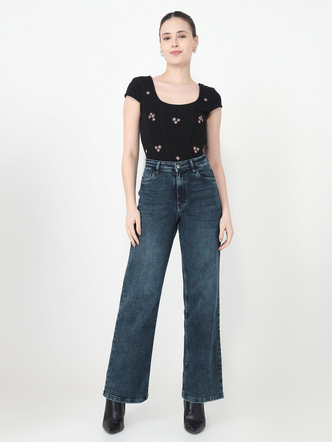 Women Slate Blue High-Rise Wide Leg Jeans