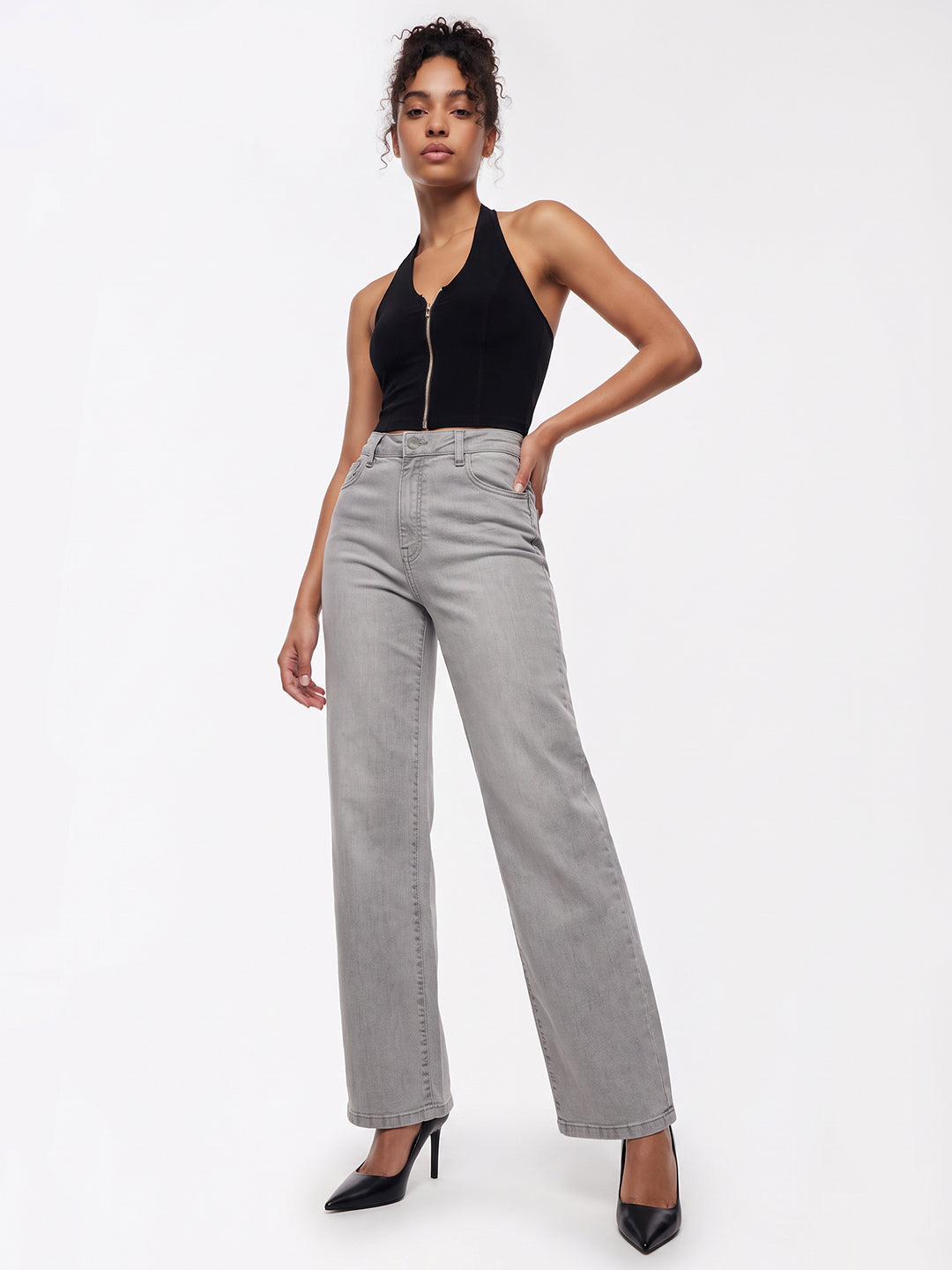 Light Grey High-Rise Straight Fit Jeans